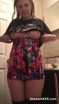 Girl frees her pierced nipple with see through dress on OnlyFans show